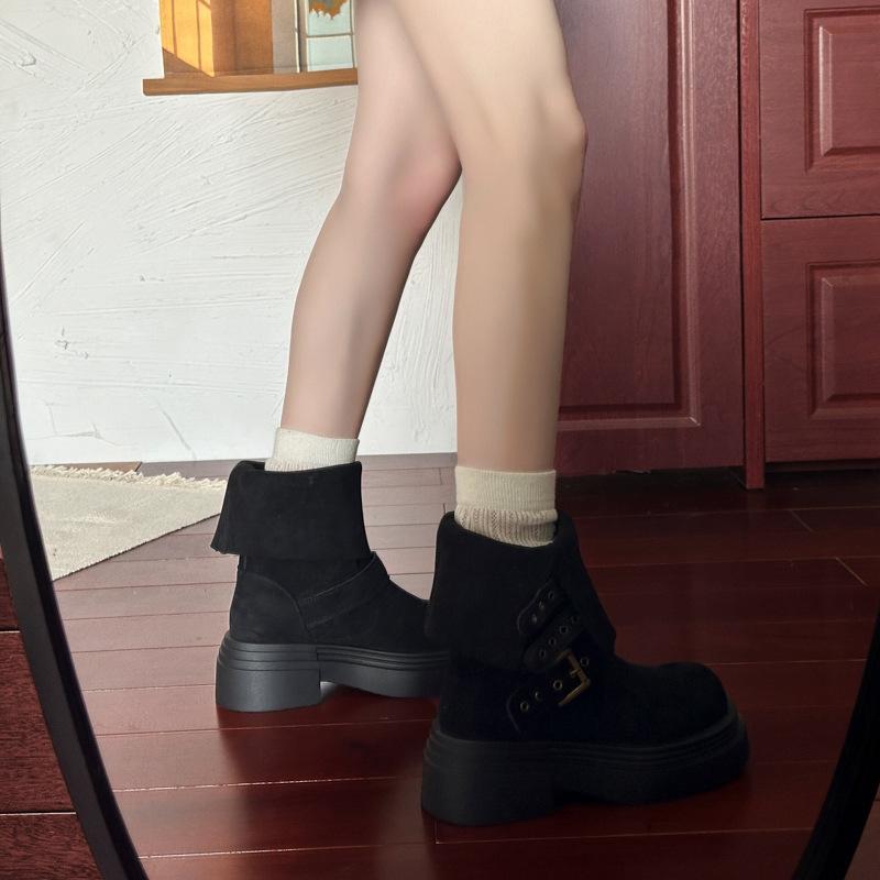 Adjustable Boot Belt Buckle Cowhide Martin Boots 2025 Autumn and Winter Thick Medium Heel Round Head Wide Tube Genuine Leather Medium Boots Children