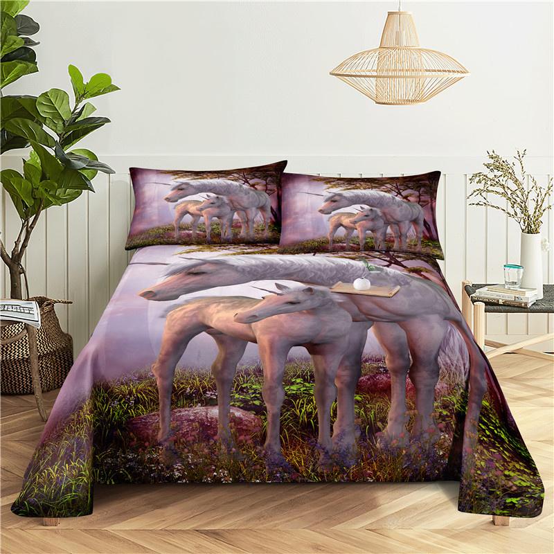 White Horse Bed Sheet 2/3pcs Set 3D Printed Animal Polyester Bed Flat Sheet With Pillowcase Bed Linen For Kids Baby Adult