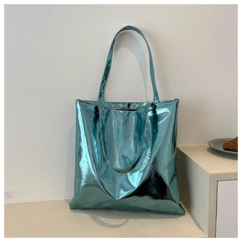 Glossy Tote Bags For Women Fashion High Capacity Shopping Pouch Pu Leather Handbags Shiny Casual Female Purse Girls Shoulder Bag