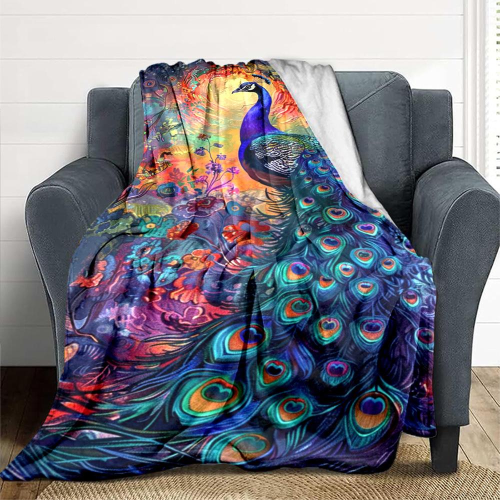 1pc Peacock Feather Print Blanket Lightweight Flannel Blanket Throw Blanket For Sofa, Bed, Travel, Camping, Livingroom, Office, Couch, Chair, And Bed