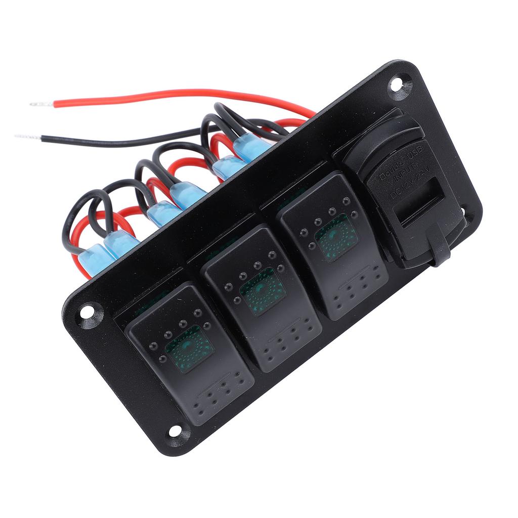 12V 24V 3 Gang Rocker Switch Aluminum Panel with Voltmeter Dual USB Fast Charging Multifuntional Switch Panel for Boat
