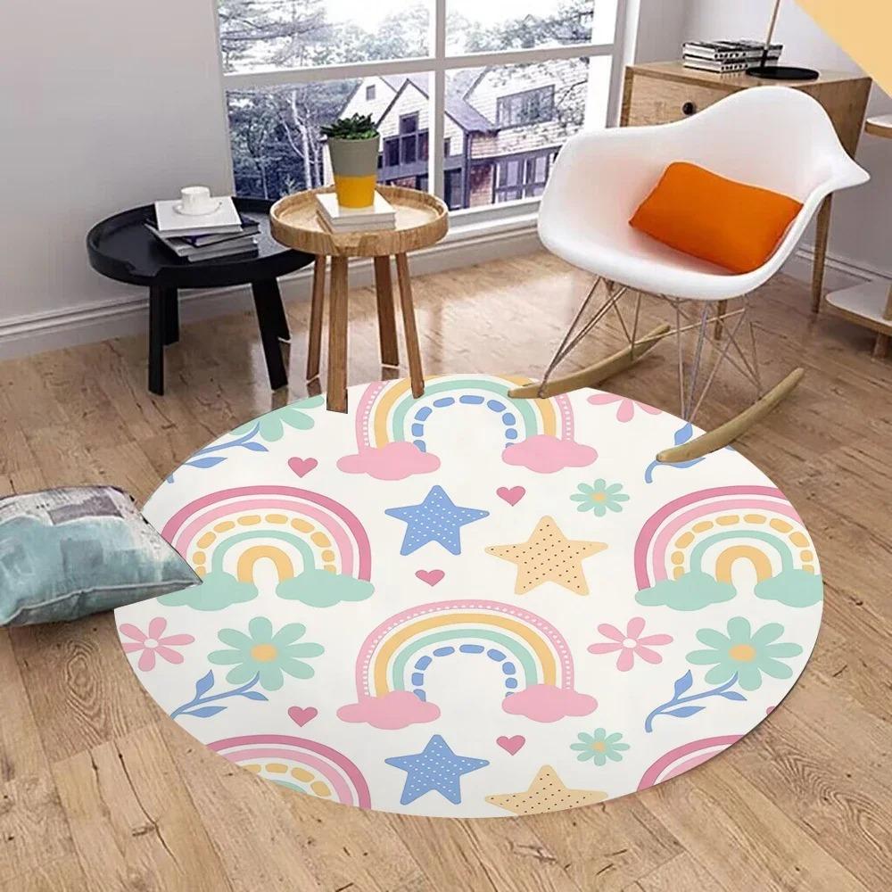 Runde Regenbogen-Wolken-Teppichmatte Teppich Heimdekoration Kinderzimmer Cartoon-Muster Bodenmatte für Wohnzimmer Kinderzimmer Schlafzimmer Dekoration