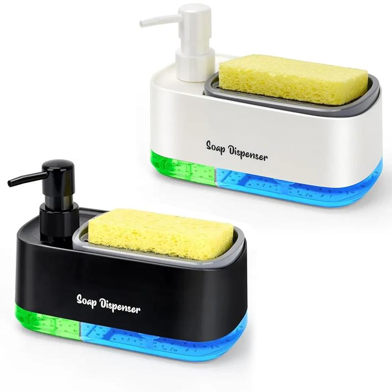 Multifunctional Kitchen & Bathroom Soap Dispenser with Sponge Holder-Space Saving Countertop Organizer, No Electricity Required