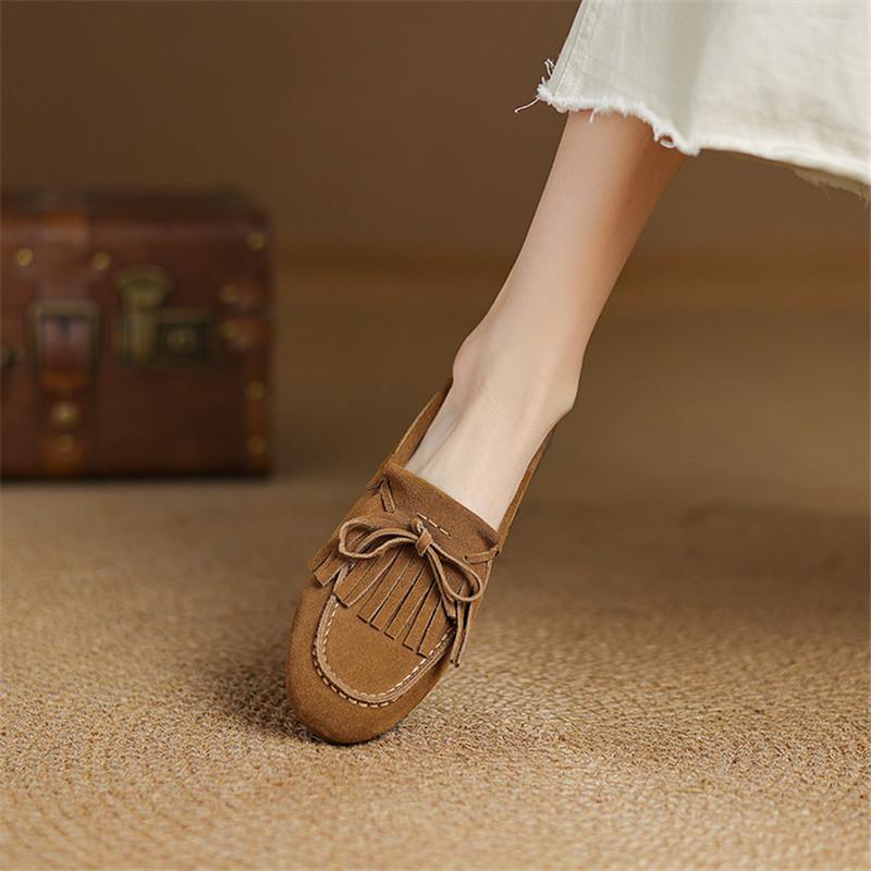 Fashion New Spring/Summer Split Leather Women Pumps Shoes for Women Fashion Tassels Round Toe Loafers Shoes Women Low Heels Flat Shoes