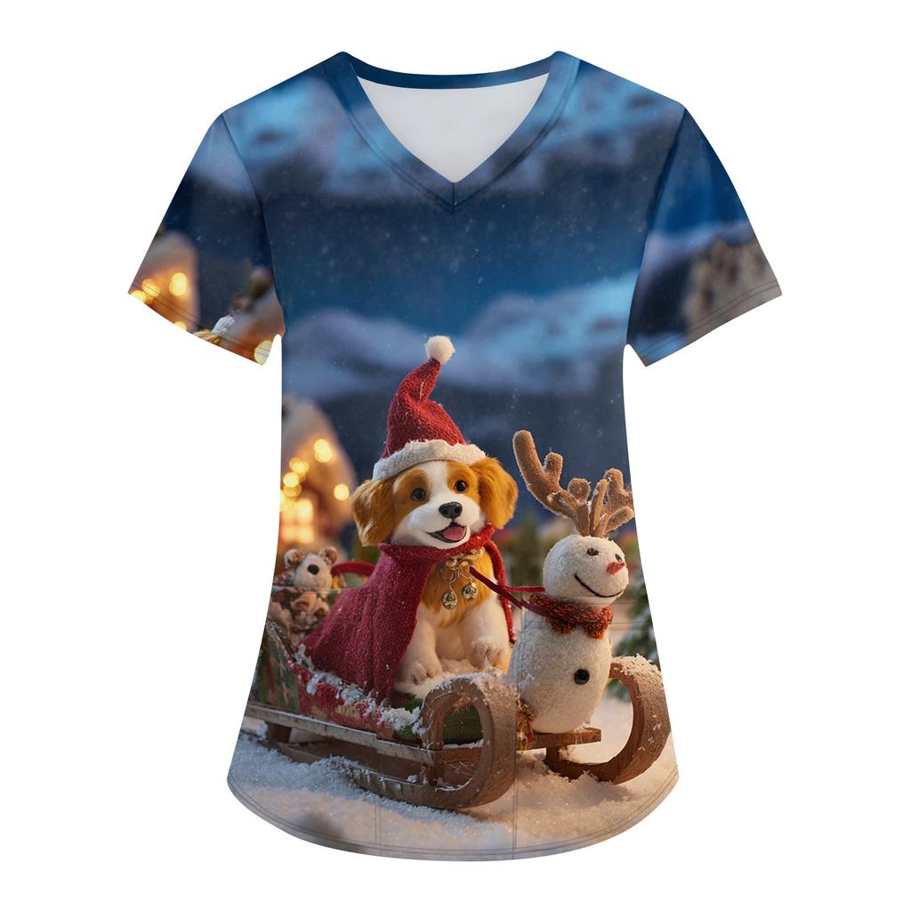 Women's Printing Uniform Work Uniform V-neck Pockets Basic Short Sleeve Pullover Top