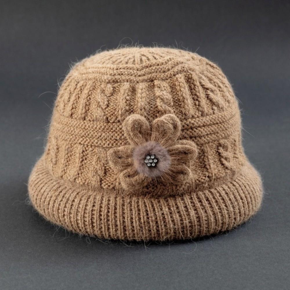 Handmade Woolen Hat Plush Warm Fisherman Hat Retro Floral Knitted Bucket Hat  Middle-aged Elderly