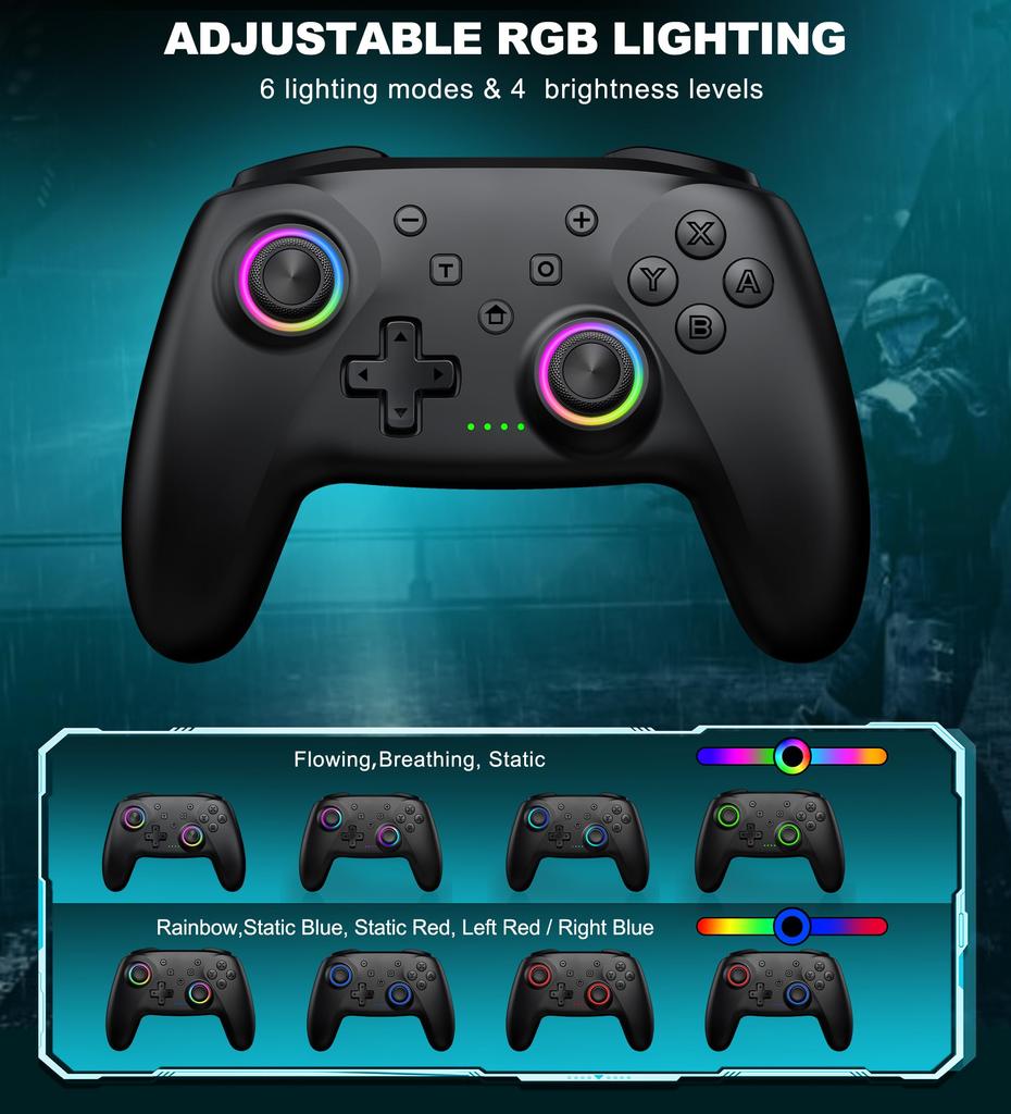 Switch Controller with RGB Macro Hall Effect Turbo 1000mAh High Compatible with Fish Scale Design 6-Color Light, Function, Joystick, Wireless,