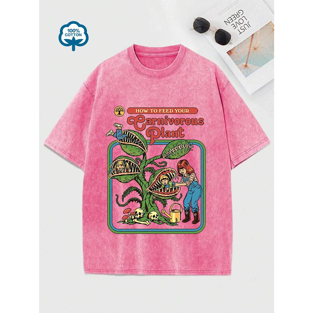 Chomper Comic Pattern Print Women Washed Tshirts Summer T-Shirt Breathable O-Neck Distressed Tee Shirts Soft Cotton Tops