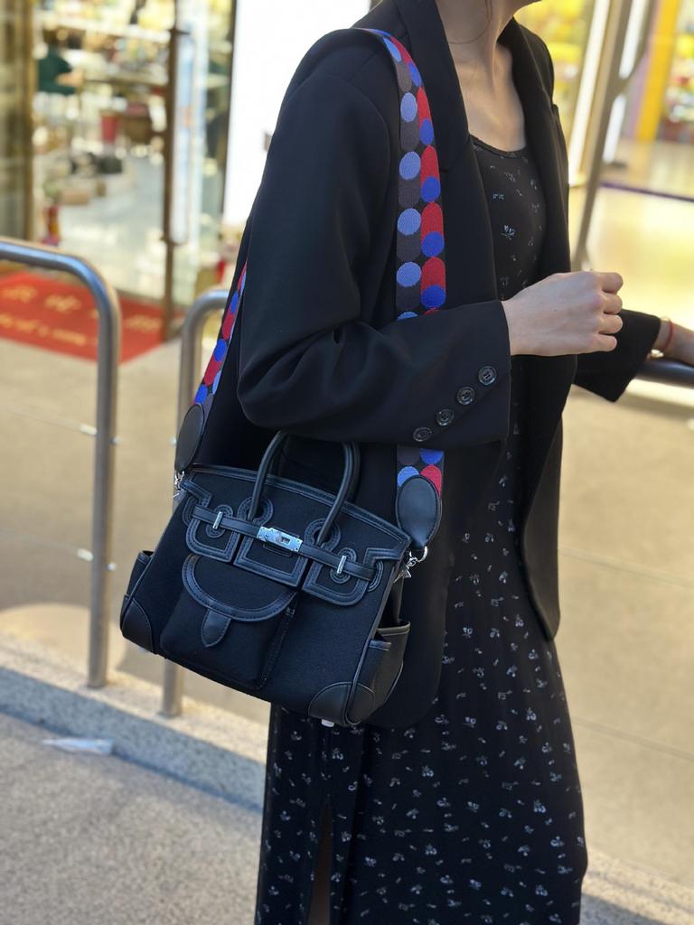 2025 Haute Couture Cargo Birkin Canvas Patchwork Women's Small Handbag with Wide Shoulder Strap