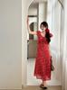 French beautiful V-neck floral dress women's summer new holiday style temperament waist long dress tea break dress