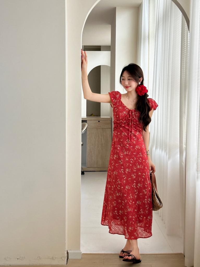 French beautiful V-neck floral dress women's summer new holiday style temperament waist long dress tea break dress