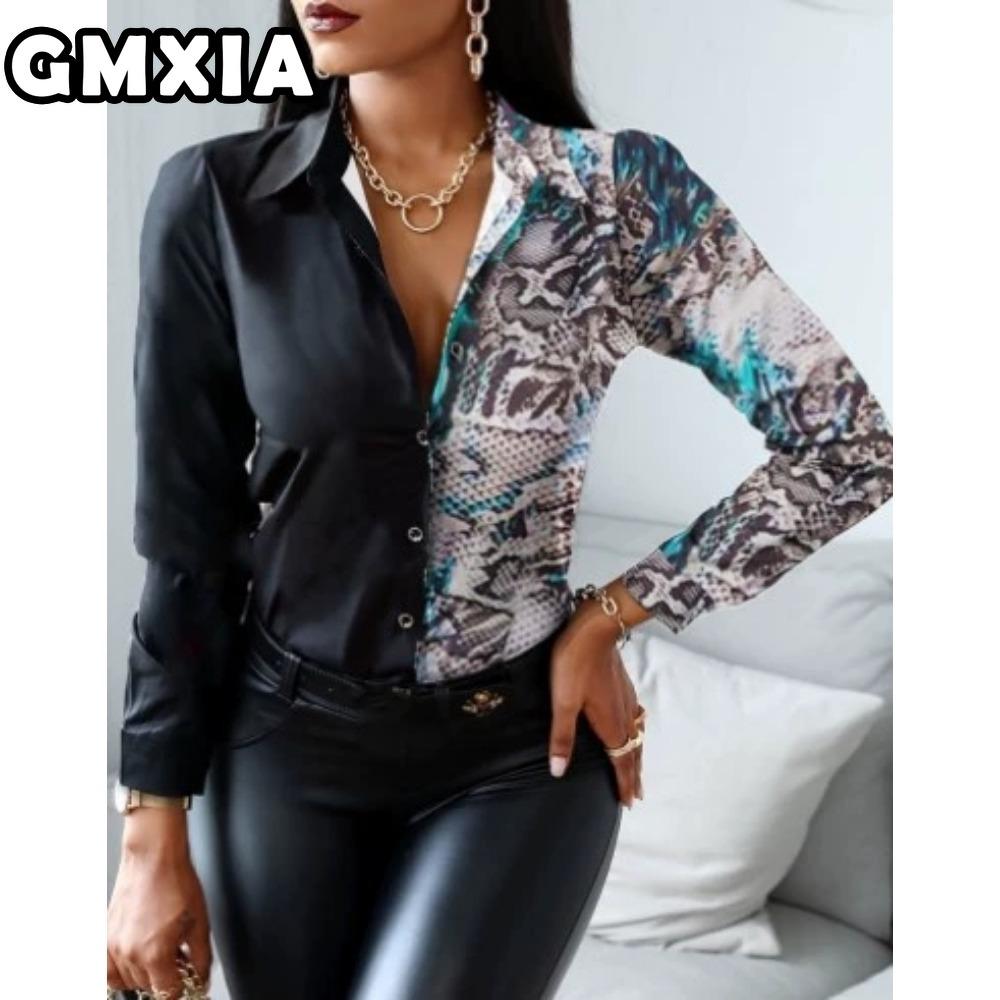 GMXIA Damenmode Lässig Freizeit Einfarbig Druck Langarm POLO Kragen Blusen & Hemden