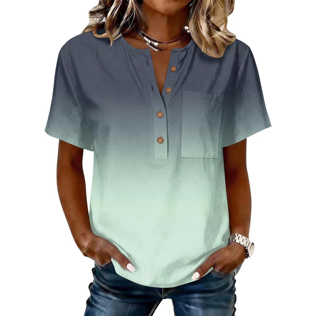 Women’s Fashion Gradient Print Henley Button Neck Short Sleeve Cotton Linen Shirt with Chest Pocket for Casual Wear