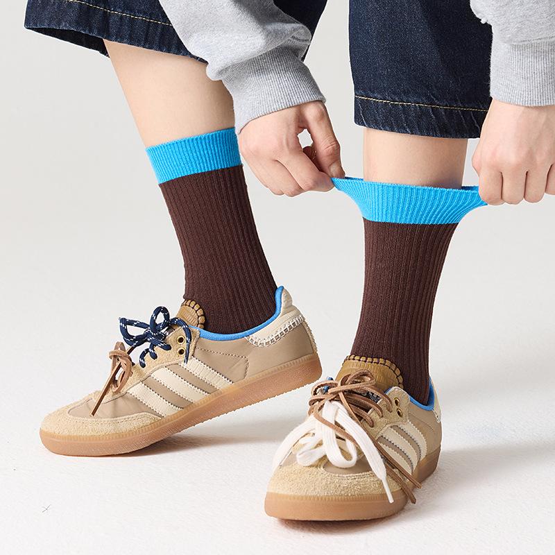 Socks Pure Cotton Medium Tube Socks Season Trendy Retro Color Matching European And American Style Double Needle Boneless Cotton Stacking Socks