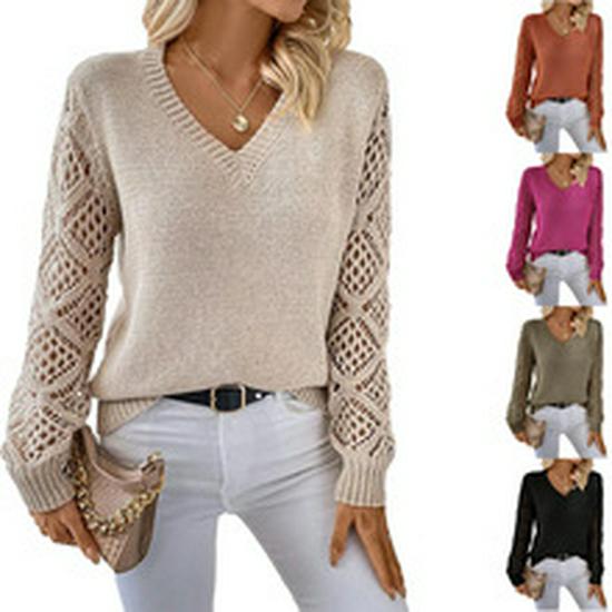 Spring/Summer 2025 Crochet Hollow Seven-Sleeve Off-the-Shoulder Pullover Sweater for Women