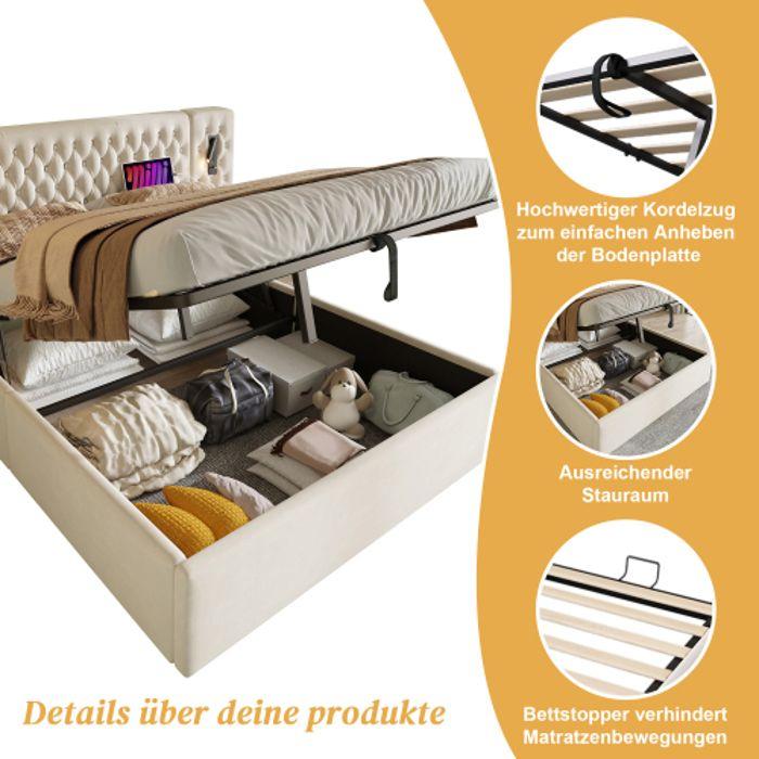 Ensemble de chambre à coucher - MUVOE - Lit 160x200 cm - 2 tables de chevet - USB - Vintage beige