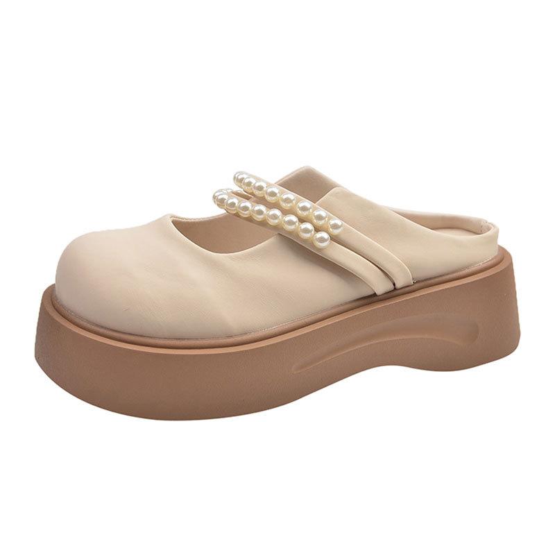 Pärlfranska Mary Jane-skor med tjocksula och en rem, halvtofflor för kvinnor för vår och sommar, ytterkläder 2025 nya coola tofflor