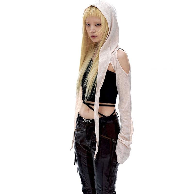 Trička s dlouhým rukávem a kapucí Sexy trička Harajuku Ženy Y2k Estetický Grunge Streetwear Crop Top Tenký Cardigan