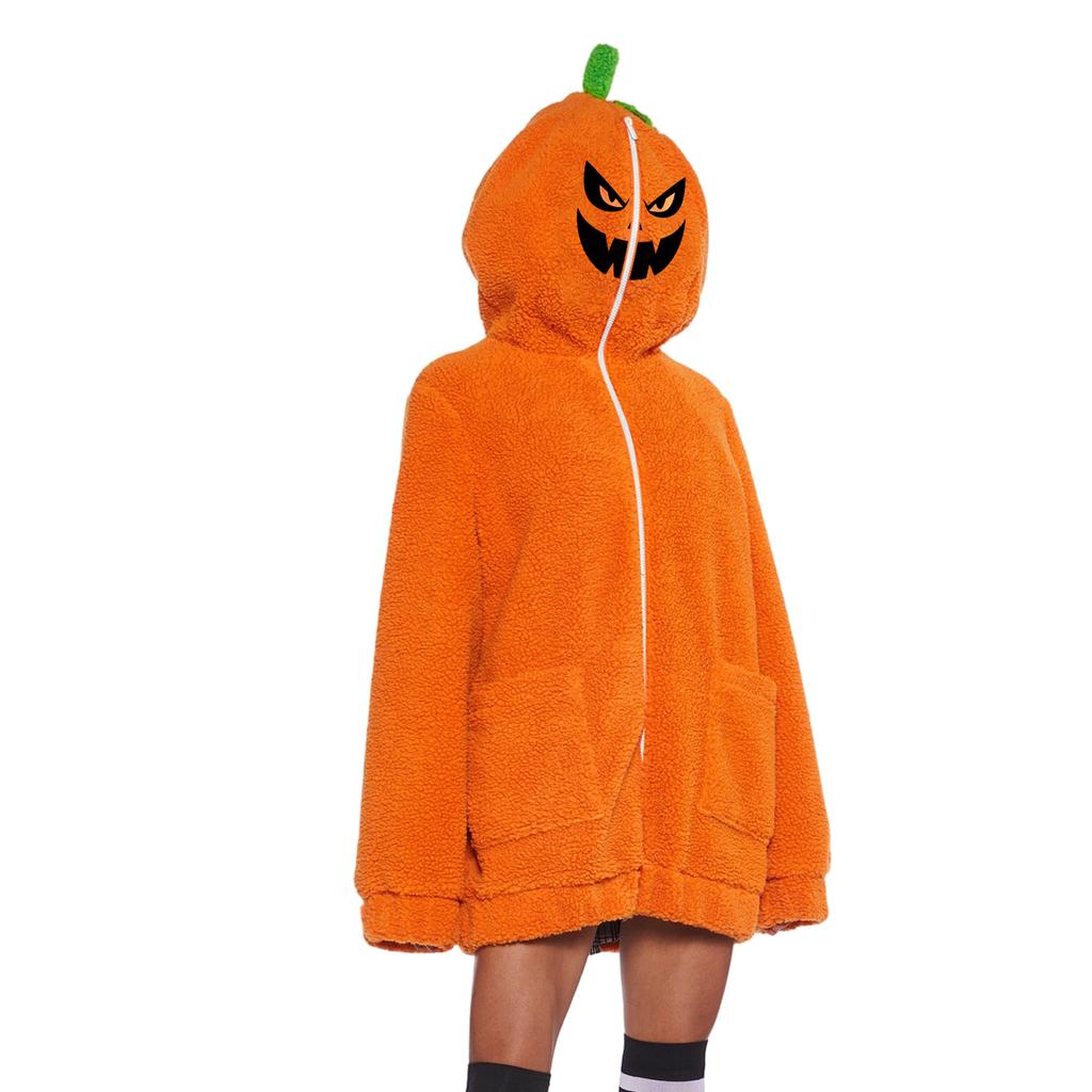 Giacca da Donna con Cappuccio e Zip, Stampa Zucca di Halloween, Flanella, Manica Lunga, Casual