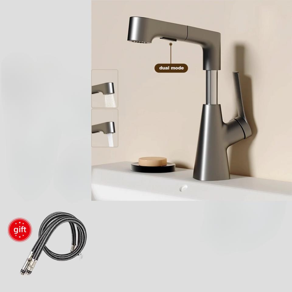 Robinet de apă caldă și rece pentru chiuvetă de baie cu funcție de extragere, robinet de pulverizare cu amestecare, pivotant la 360º, ridicabil