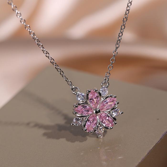 Necklace Wedding Jewelry Pink Zircon Stud Earrings Three-Piece Jewelry Set Ring Flower