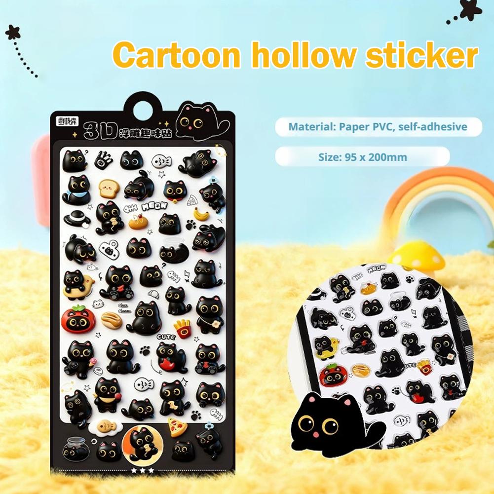 3D Cute Black Cat Puff Sticker, 4PCS Kawaii Cartoon Animal Mini Puffy Stickers, for DIY Scrapbooks Journals Laptops Phone Case