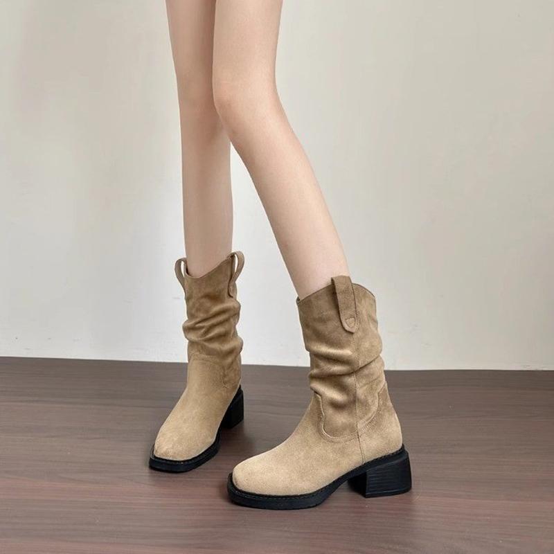 Fashion Vintage Thick Heel Women Western Cowgirl Boots Fashion Autumn Winter Ladies Concise Mid Calf Booties