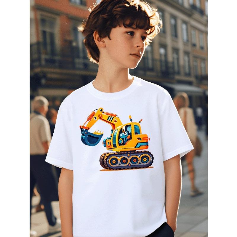 Boys Colorful Excavator Cartoon Vehicle Print Crewneck Short Sleeve Tee 110