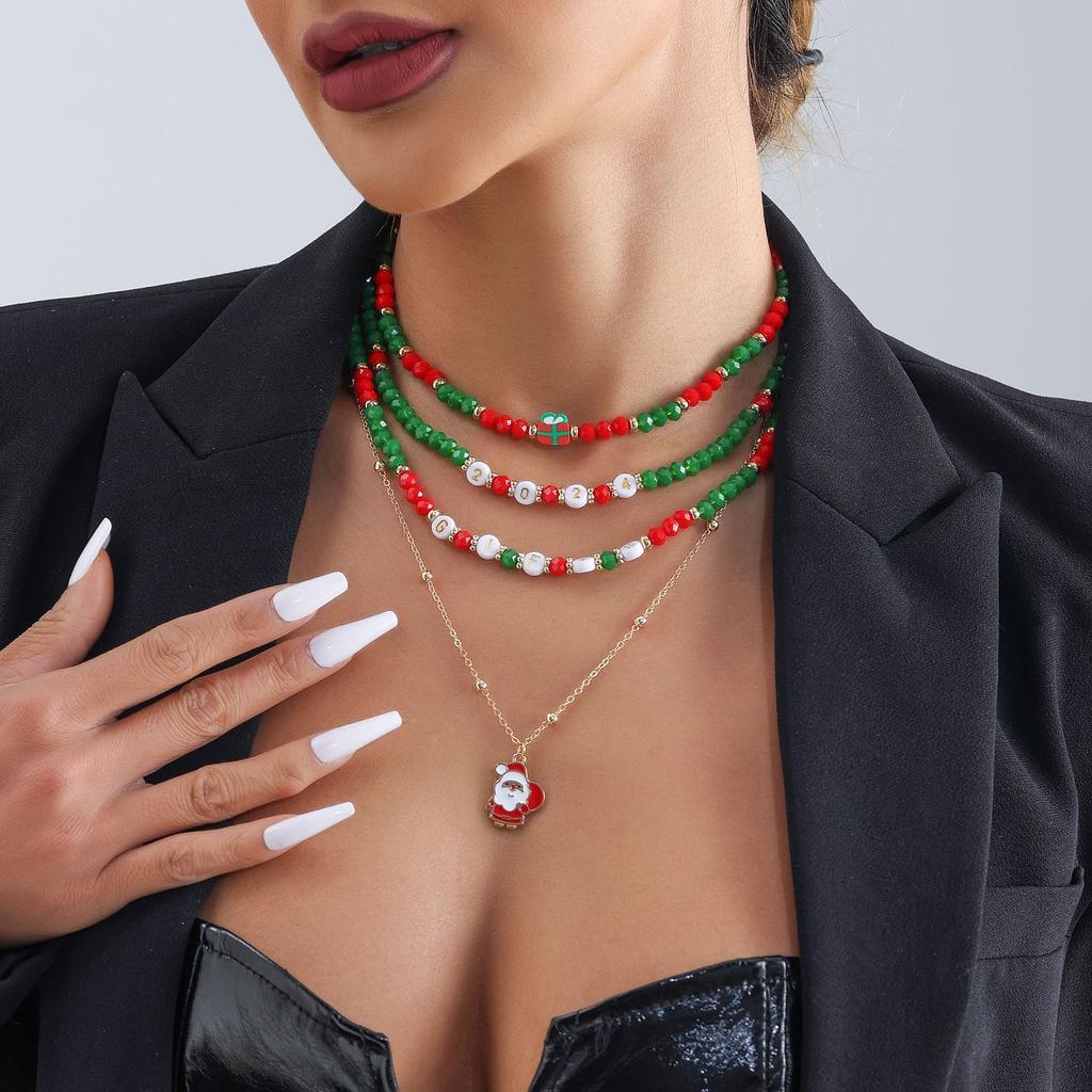 New Year Gift Christmas Christmas Snowman Elk Imitation Crystal Necklace Set Sweater Chain