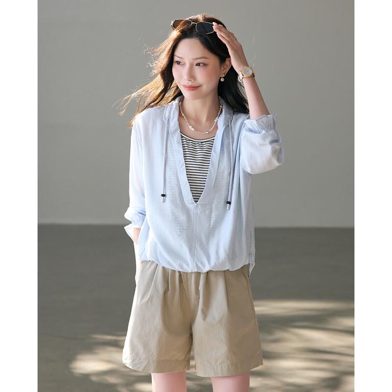 TERRE BLEUE Women's Loose Fit Striped Hooded Pullover Shirt