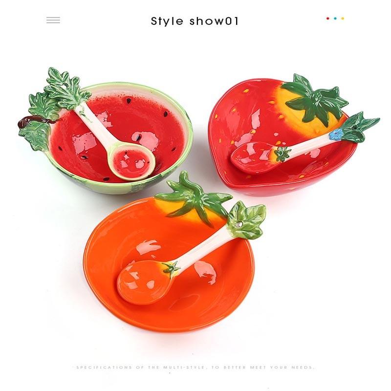 Ceramic Creative Fruit Shape  Bowl Cartoon Vegetable Tableware  Cute Bowl Serving Bowl Strawberry Bowl with Spoon