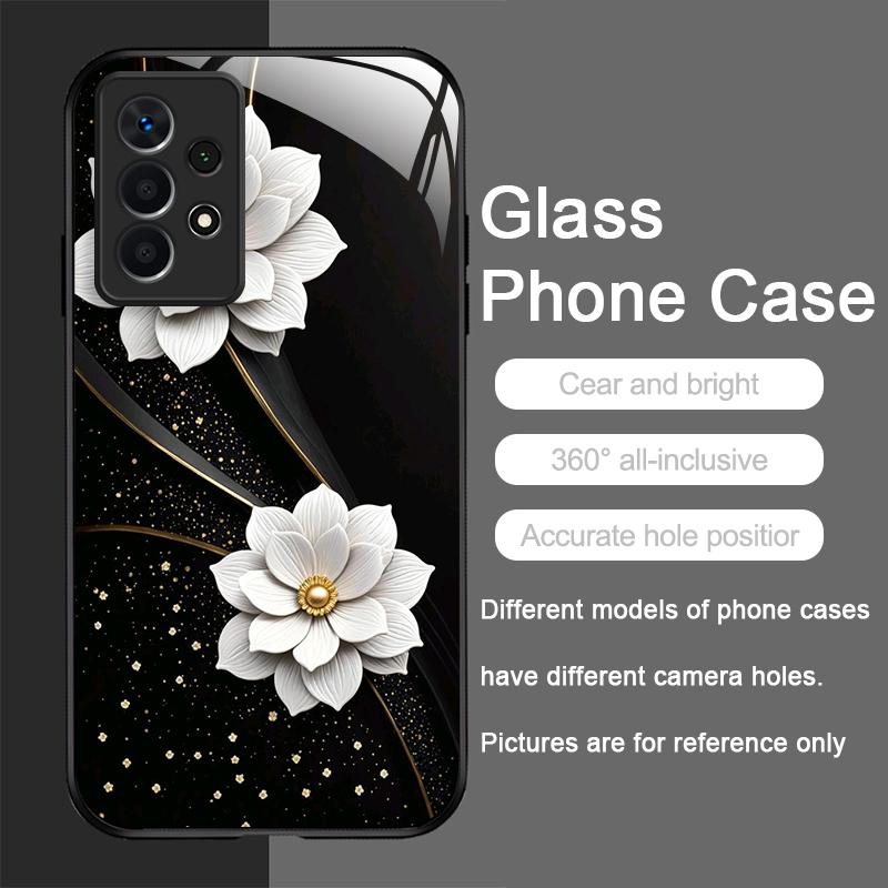Vintage Floral Stylish Lotus Flower Pattern Tempered Glass Phone Case for Samsung Galaxy A56 A55 A54 A53 A52 A36 A14 A15 Covers