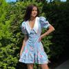 French V-neck Bubble Sleeve Dress, European and American Summer Waist Print Short Dress, Ruffle Leaf Edge Dress