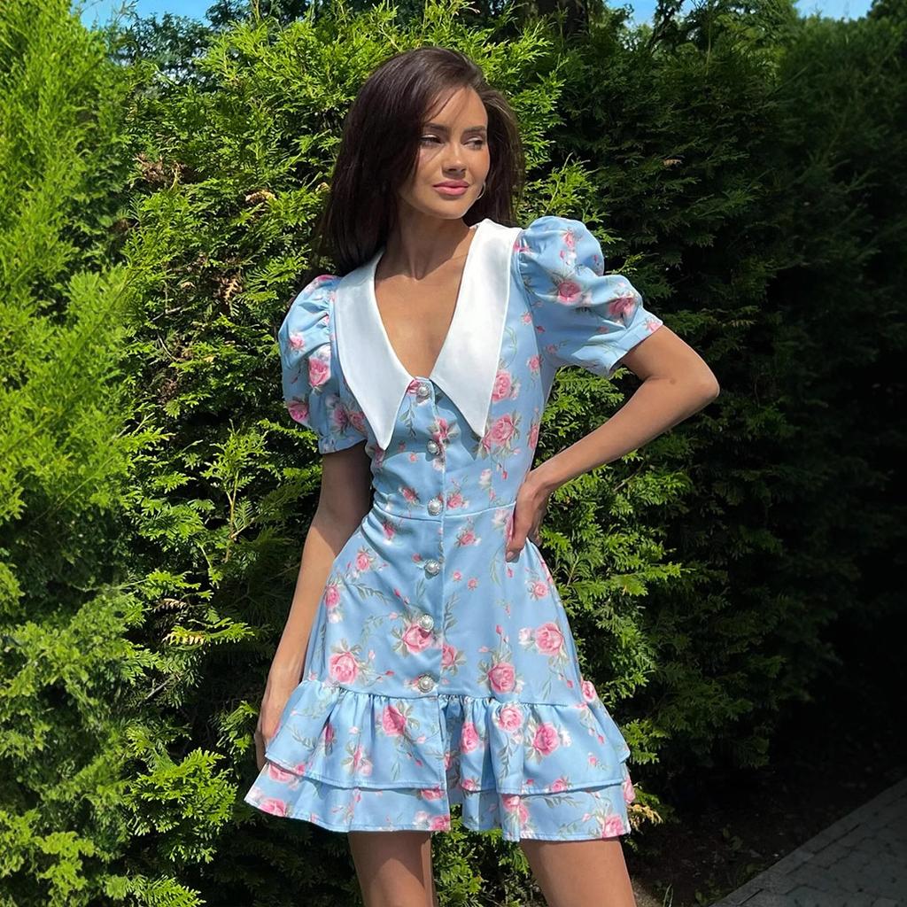 French V-neck Bubble Sleeve Dress, European and American Summer Waist Print Short Dress, Ruffle Leaf Edge Dress