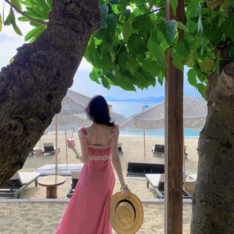 Internet Celebrities with the Same Pink Purple Chiffon Lace Suspender Dress Women's Summer Seaside Vacation Style Sexy Dress