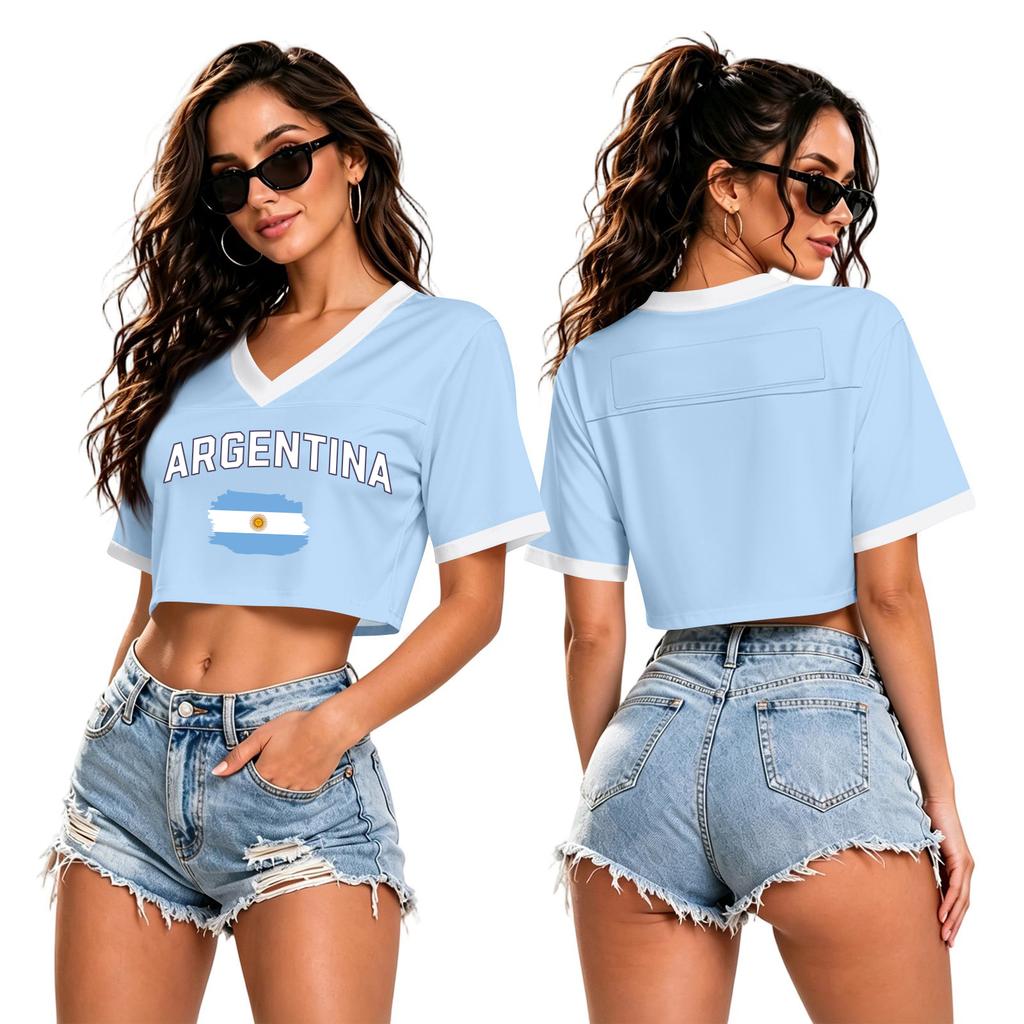 Women's V Neck Crop Top T Shirt Short Sleeve Soccer World Cup Printed Tee Argentina Netherlands Germany Venezuela Jamaica Canada