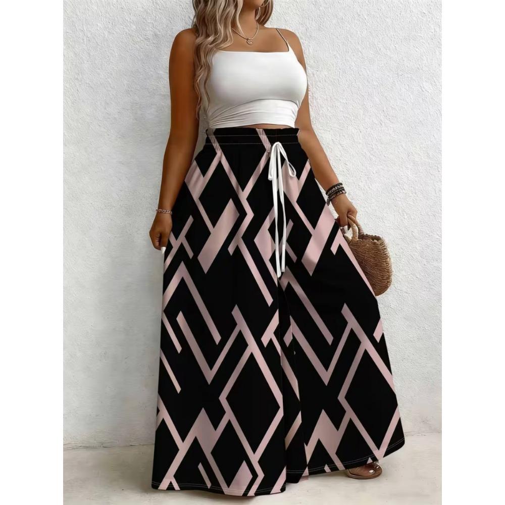 Large size women's printed loose wide leg pants, elegant with pockets, suitable for vacation and daily wear
