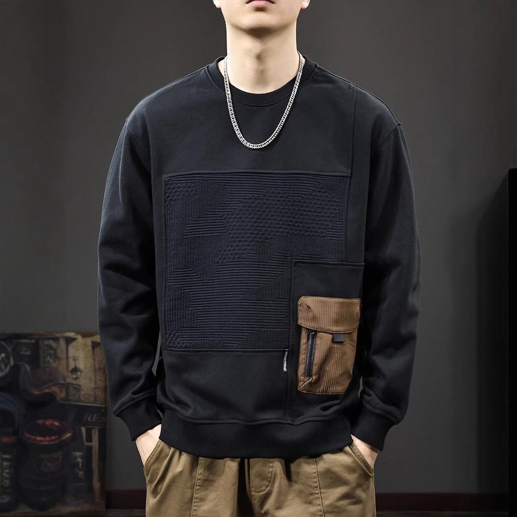 Autumn Trendy Brand Splicing Texture Sweater Men'S American Retro Tooling Pocket Heavy Abraded Loose Crew Neck Top