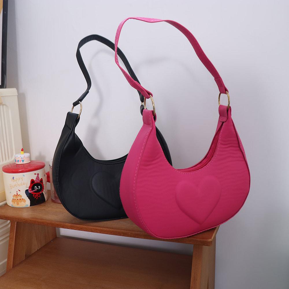 Solid Color PU Leather Shoulder Bag Love Heart Hobo Bag Portable Crescent Moon Underarm Bag  Girls