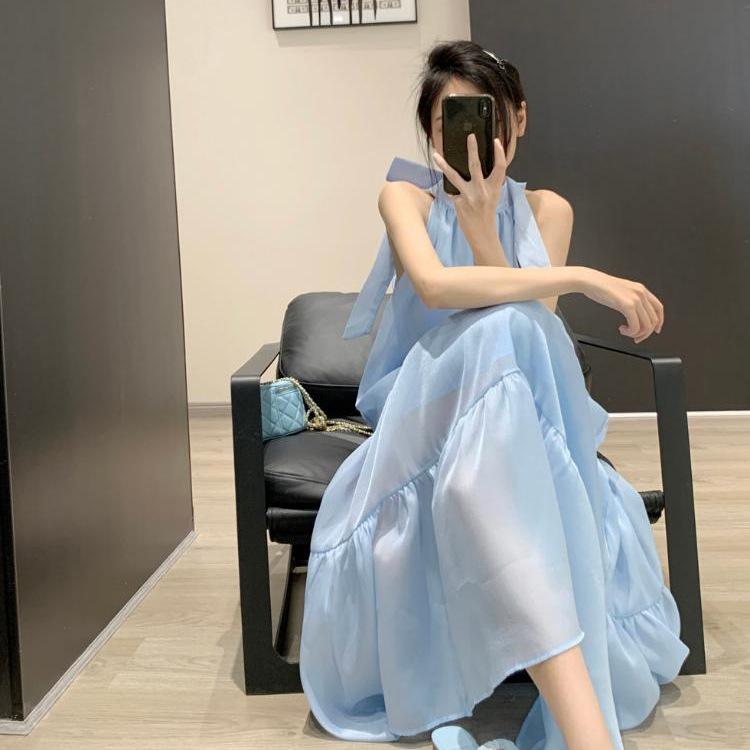 Women's Summer 2026 French Halter Neck Dress - Sweet, Age-Reducing, Long Fairy Skirt with Unique Design