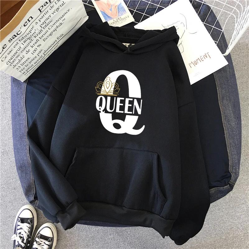 King Queen Tryck Hoodie för Kvinna Man 2025 Ny Ankomst Par Huvtröja Långärmad Pullover Hemma Utomhus Komfort Varma Sweatshirts