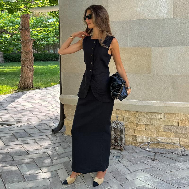 Elegantní dámské vestové a suknové soupravy 2dílný oblek Bílý čtvercový límeček Jednořadé sako Sukňový set s vysokým pasem Letní dámský outfit