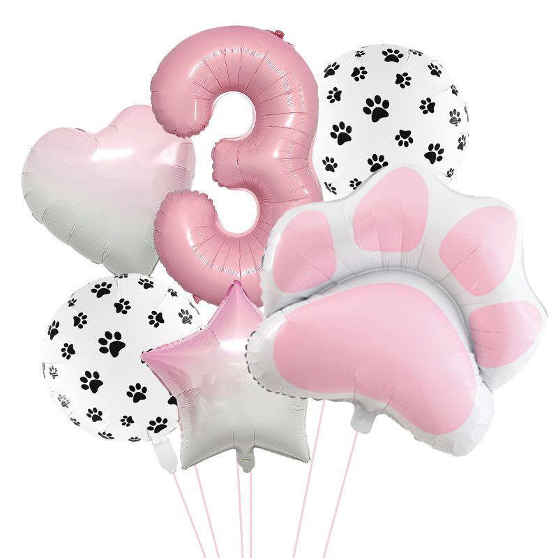 Pink and Cute Cat Paw Birthday Balloon Set, Pet Birthday Balloon, Cute Pink Digital Balloon Set