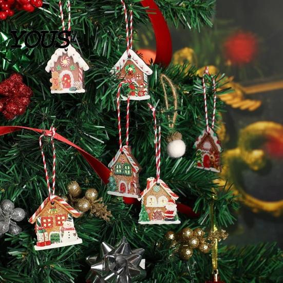 Vintage Candy Cottage Ornaments 24/36Pcs Gingerbread House Christmas Ornaments, Wooden Xmas Tree Decor with Rope, DIY Party Supplies Hanging