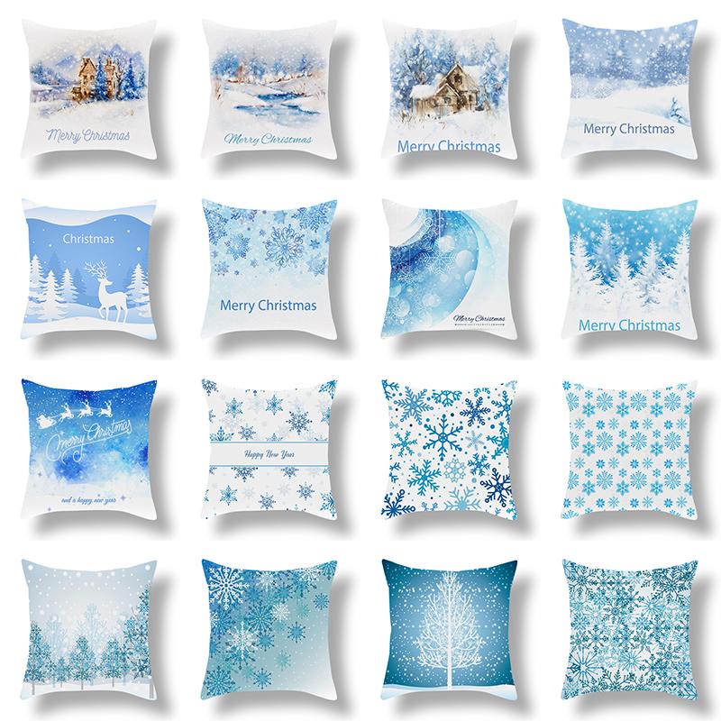 

45x45cm Blue Christmas Ornament Pillowcase New Year Gift Pillowcase Christmas Ornament Home Cushion Cover