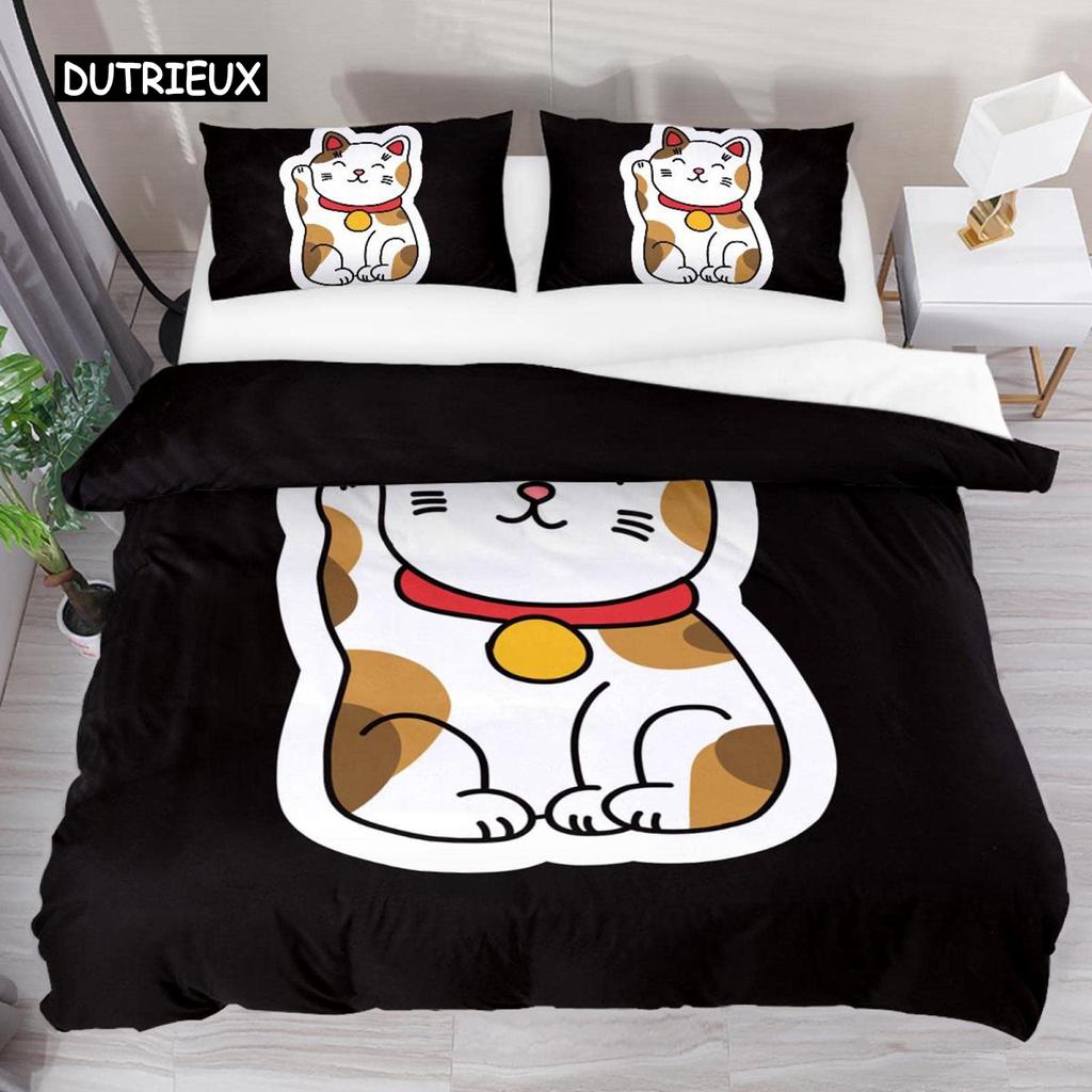 Japanese Lucky Cat Duvet Cover Set Kawaii Cats Bedding Set for Kids Boys Girls Exotic Style Black White Kitten Comforter Cover