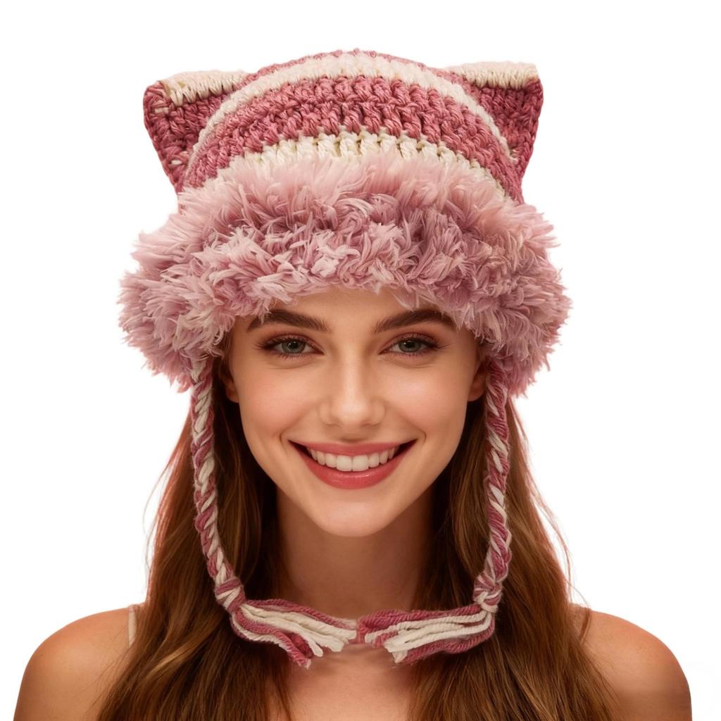 Women's Hand-Knitted Star Striped -Ear Braid Hat With Ear Protectioned, Fashionable And Versatile Cap