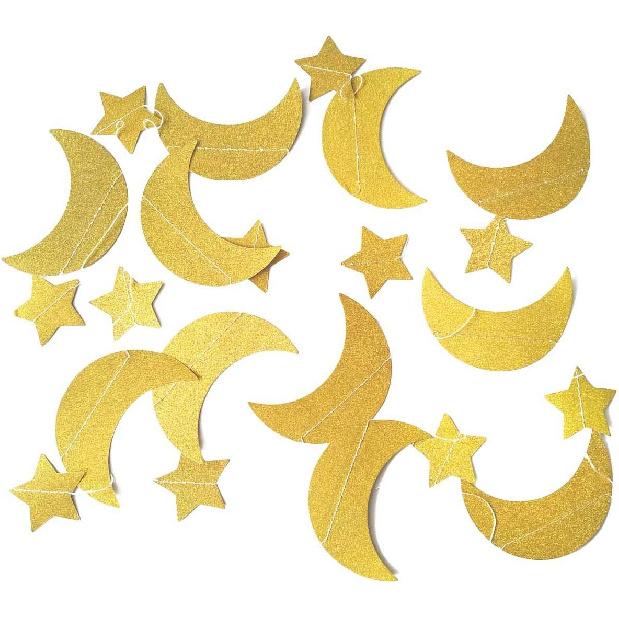 50ft Glitter Moon & Stars Garlands, 6 Pack Gold Double-Side Crescent and Twinkle Stars Paper Hanging Decorations for Birthday Party Baby Shower