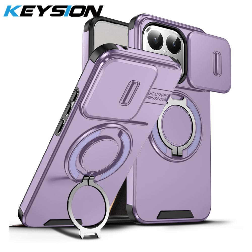 KEYSION 360° Rotating Ring Stand Phone Case for Xiaomi 15T 15T Pro Silicone+PC Slide Camera Protection Magnetic Shockproof Cover
