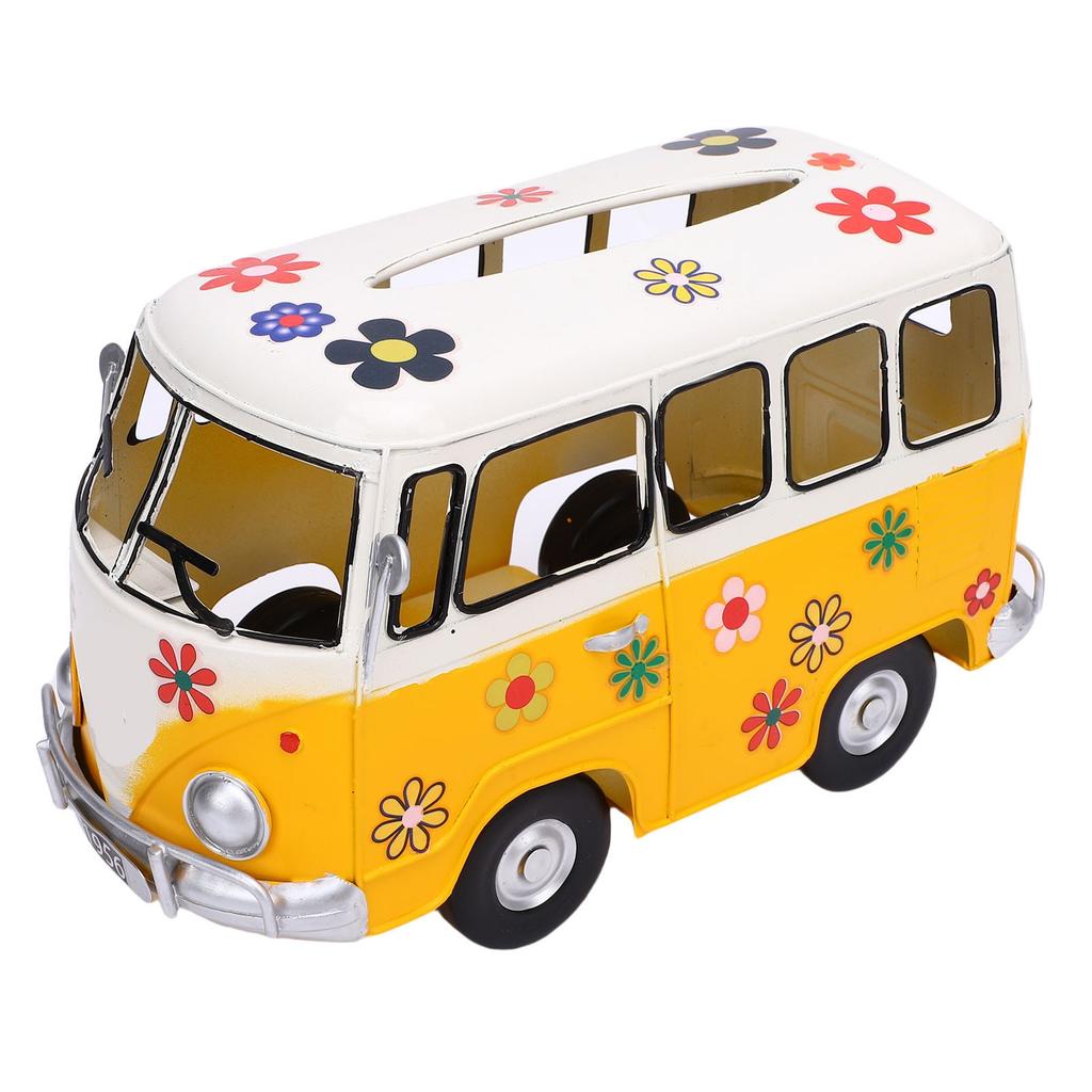 Tissue Box Holder Vintage Creative Bus Shape Iron Tissue Box Cover for Decoration Desktop Ornament Yellow